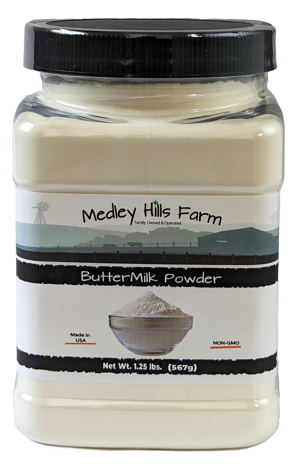 Medley Hills Farm front container showing label and shelf-stable packaging benefit