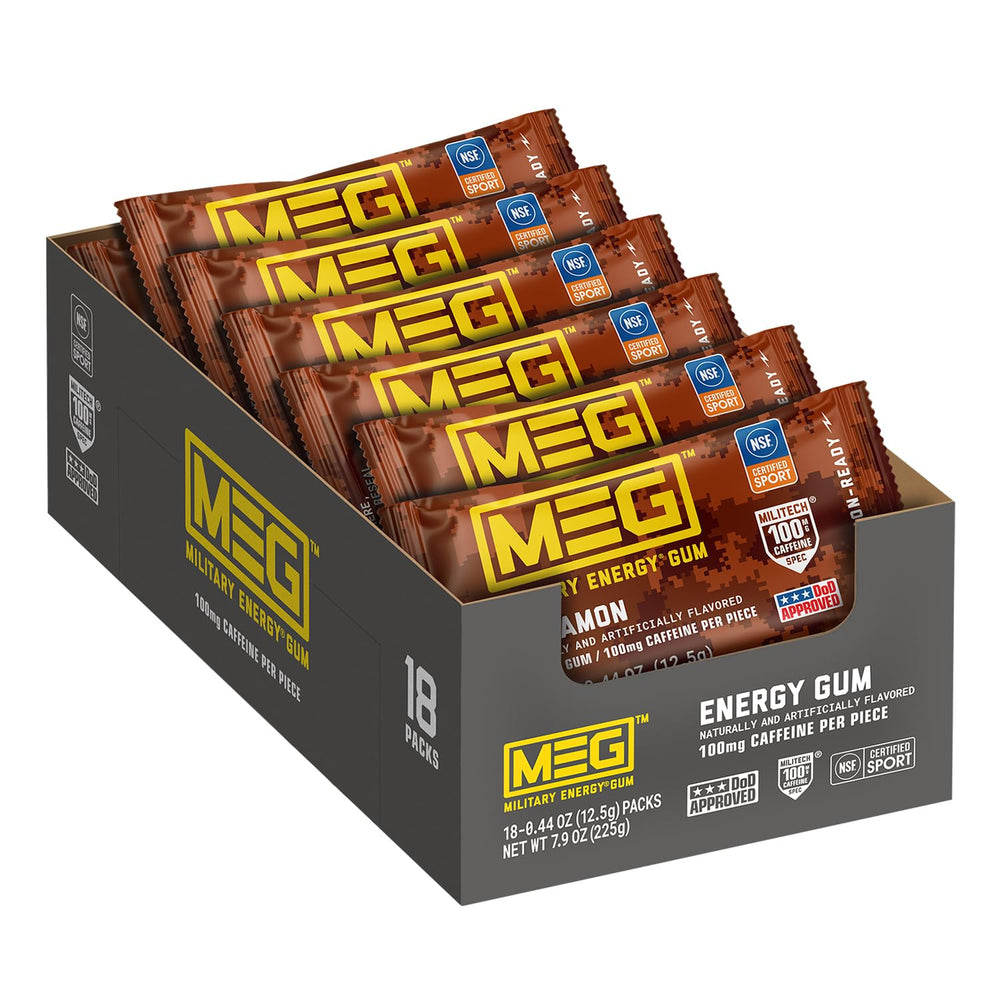 MEG front packaging showing cinnamon gum for fast portable energy
