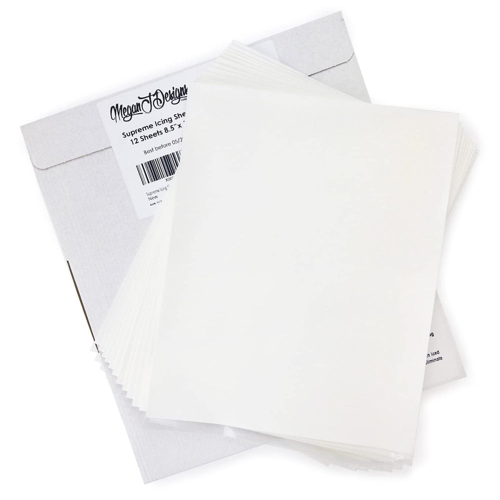 MeganJDesigns front packaging showing 12 icing sheets and resealable bag benefit clarity