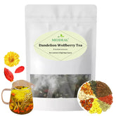 Meideal front packaging showing the dandelion wolfberry tea box and benefits