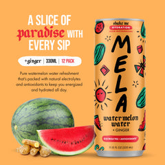 Mela Water label close-up highlighting watermelon, vitamin C and electrolyte mention