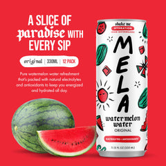 Mela Water close-up of label highlighting natural ingredients and vitamin C