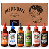 Melinda's front packaging showing six gourmet wing sauce bottles and gift-ready appeal