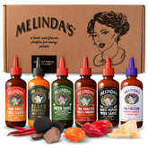 Melinda's front packaging showing six-sauce gift set and easy gifting
