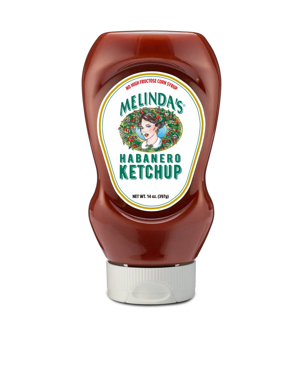 Melinda's front bottle view showing spicy ketchup, highlights convenient squeeze and flavor