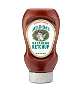 Melinda's front bottle view showing spicy ketchup, highlights convenient squeeze and flavor