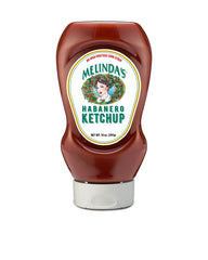 Melinda's front bottle view showing spicy ketchup, highlights convenient squeeze and flavor