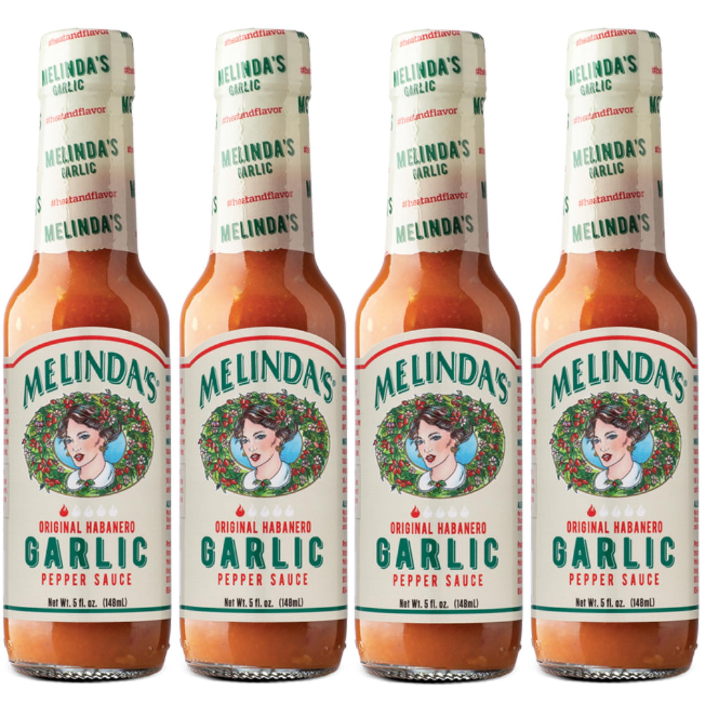 Melinda's front packaging showing bottle and label, highlights balanced garlic flavor