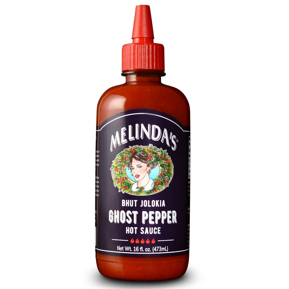 Melinda's front label showing ghost pepper spice and gourmet appeal