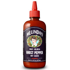 Melinda's front label showing ghost pepper spice and gourmet appeal