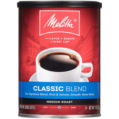 Melitta front can showing branding and package benefit of consistent flavor