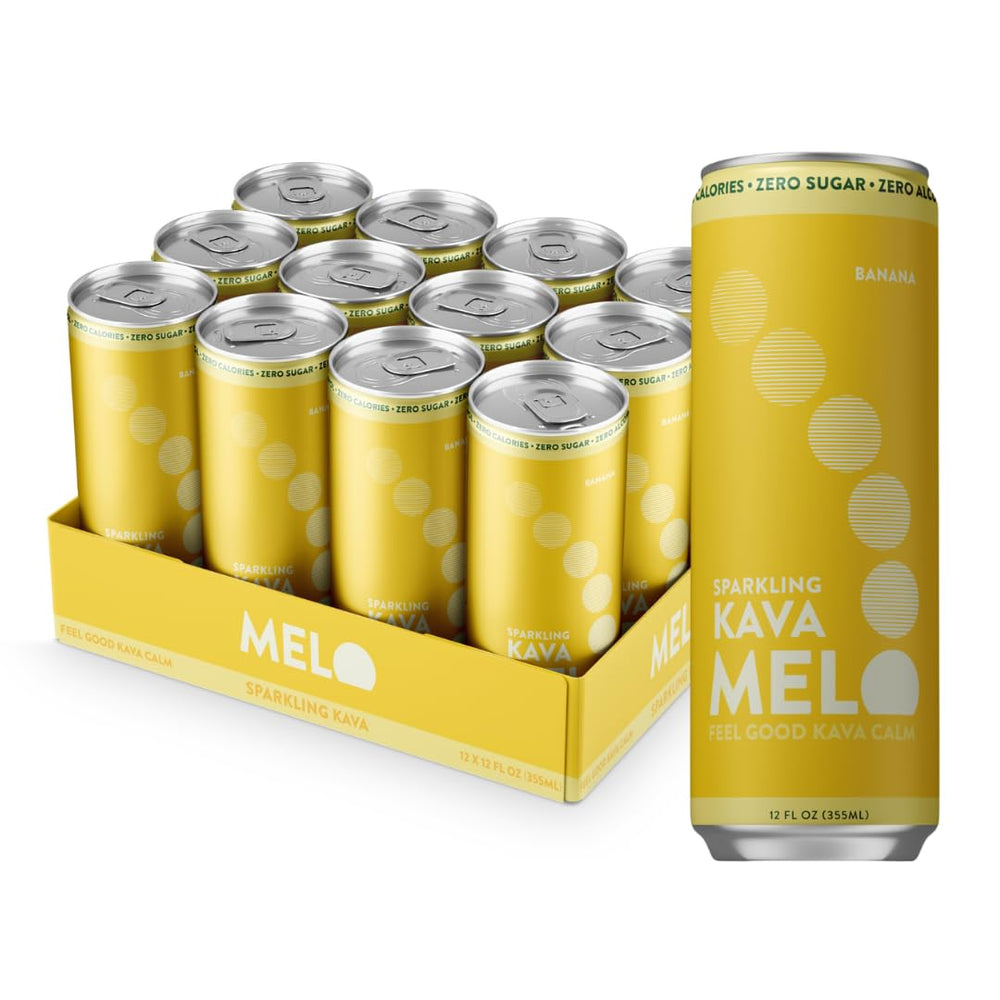 Melo front packaging showing banana cream can and 12-pack convenience