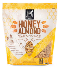 Member's Mark honey almond granola front packaging showing resealable bag and serving suggestion for convenience