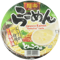 Menraku Tonkotsu cup front packaging showing label and serving suggestion, quick convenience