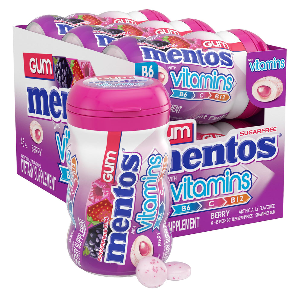 Mentos bottle front showing berry gum and vitamin callout for portable freshness