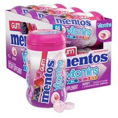 Mentos bottle front showing berry gum and vitamin callout for portable freshness