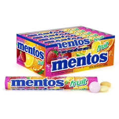 Mentos roll front view showing branding and fruit flavor benefit