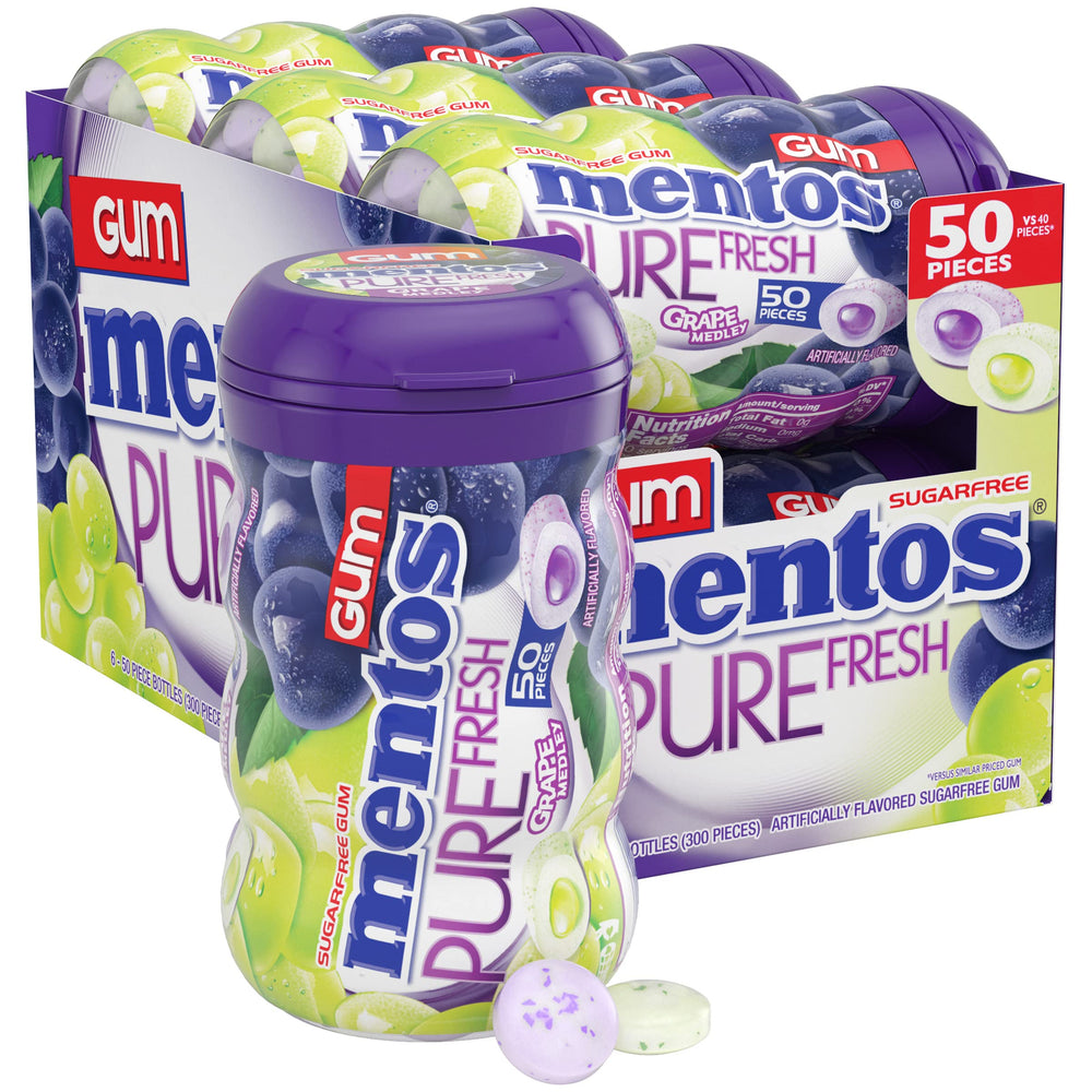 Mentos bottle front packaging showing grape medley flavor and quantity benefit