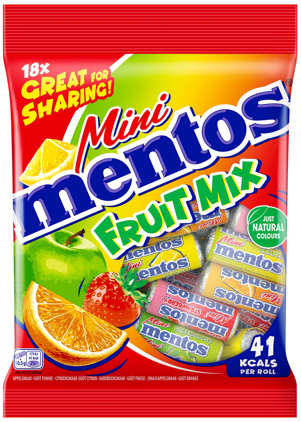 Mentos front package view showing mixed fruit rolls and easy sharing convenience