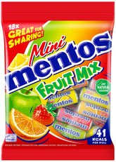 Mentos front package view showing mixed fruit rolls and easy sharing convenience