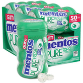 Mentos spearmint front packaging showing six 50-piece bottles and clear label benefit