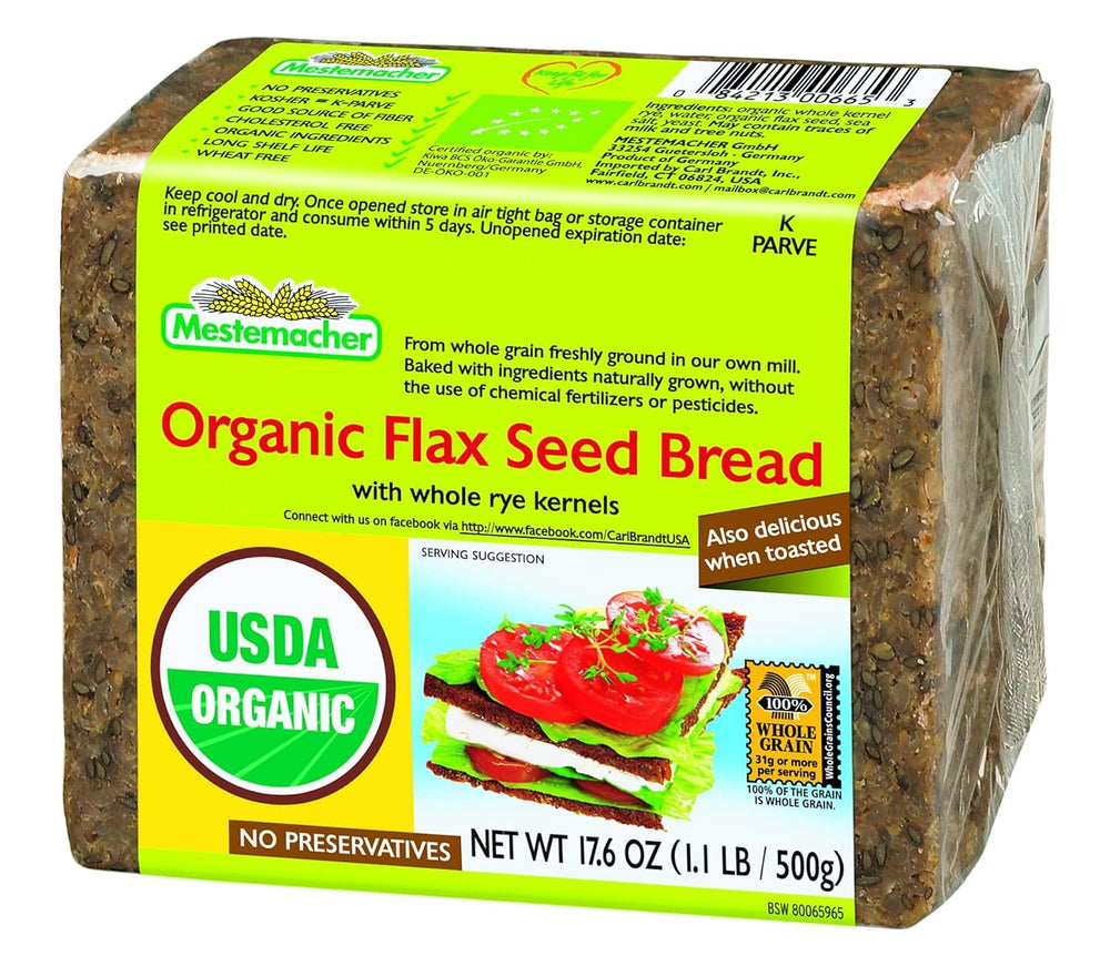 Mestemacher front packaging showing dense flax seed bread and long shelf life
