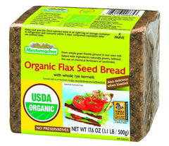 Mestemacher front packaging showing dense flax seed bread and long shelf life