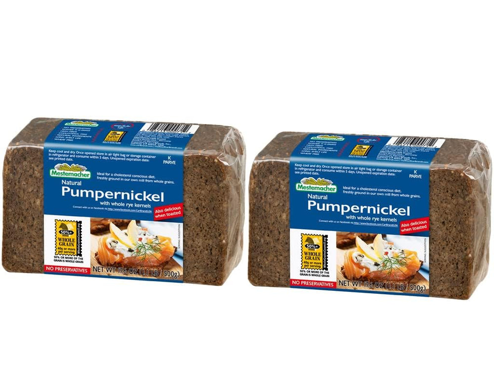 Mestemacher front packaging showing whole rye pumpernickel and convenience
