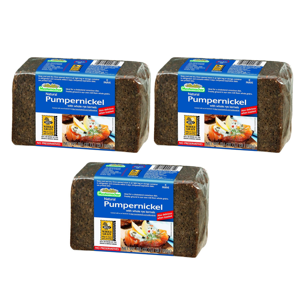 Mestemacher front packaging showing authentic German pumpernickel and long shelf life benefit