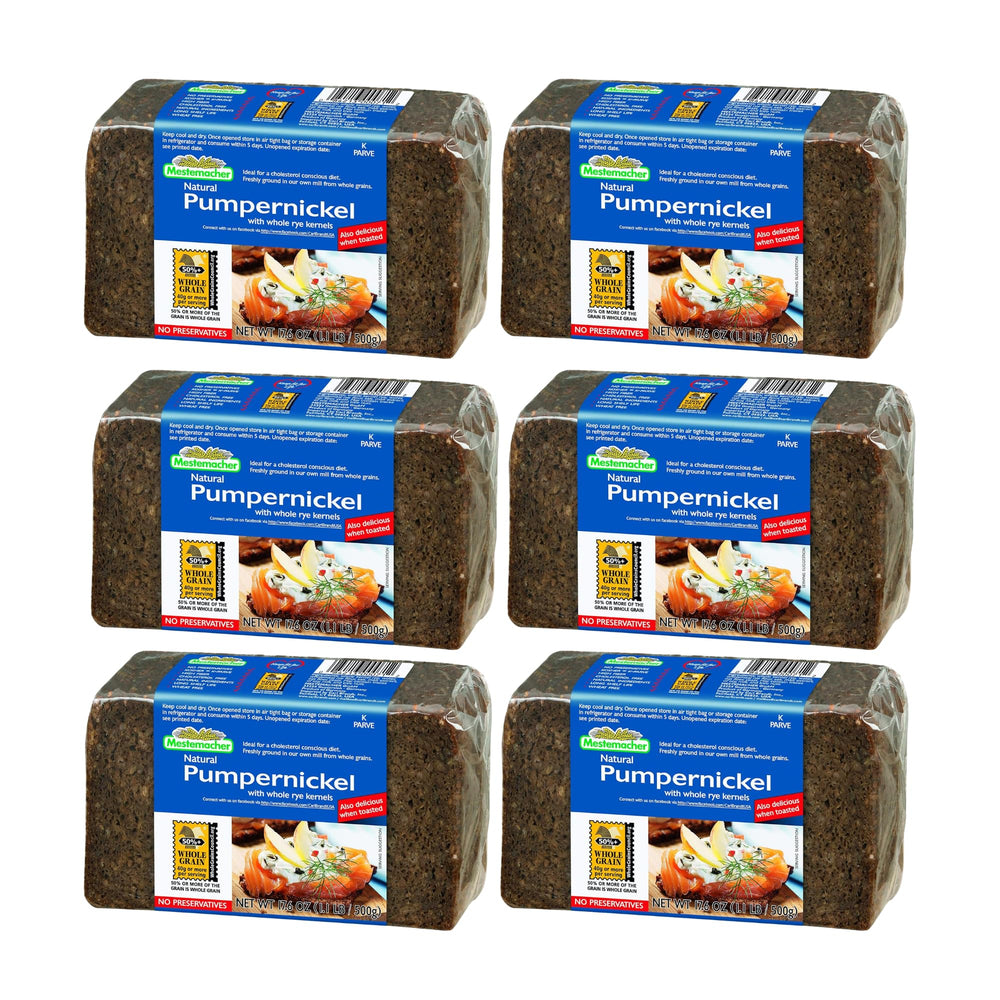 Mestemacher front packaging showing whole rye pumpernickel and shelf life benefit