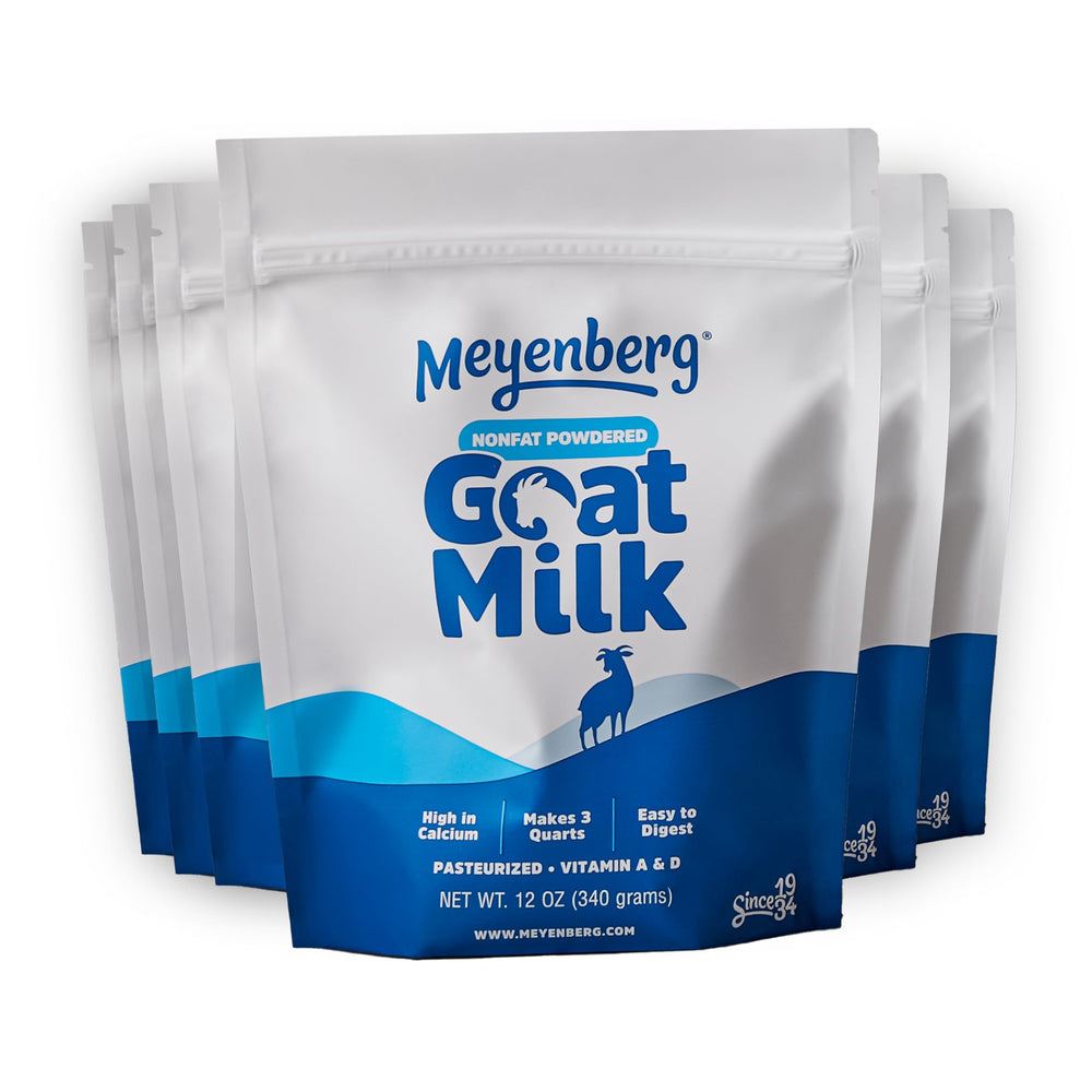 Meyenberg front packaging showing six 12 oz tins and clear labeling for storage benefit