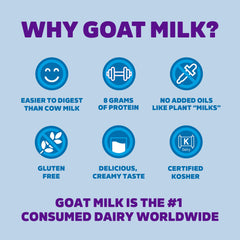 Meyenberg tin opened revealing fine nonfat powdered goat milk texture and easy-scoop benefit
