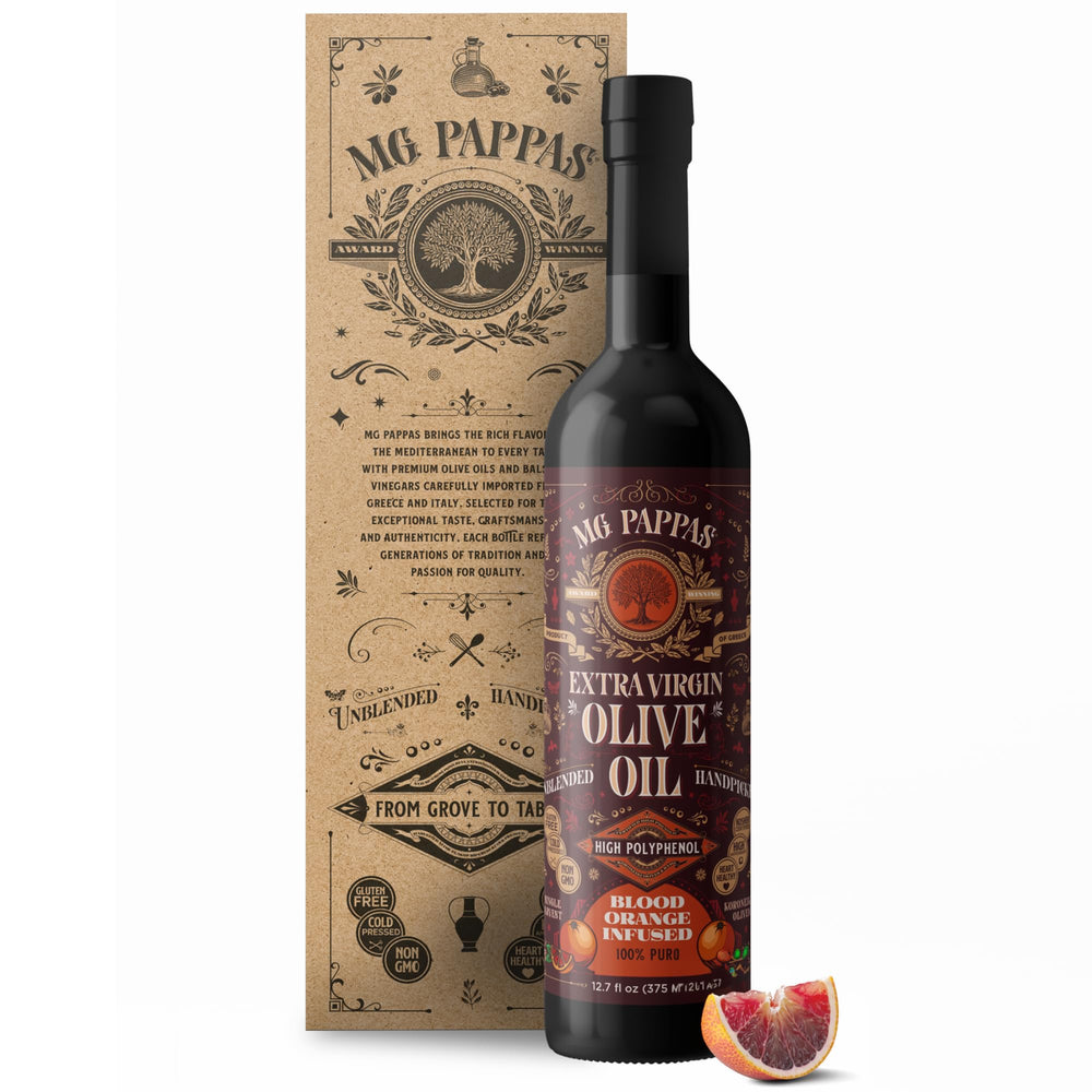 M.G. PAPPAS bottle front showing blood orange EVOO and premium presentation