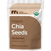 Micro Ingredients front pouch showing 2lb organic chia seeds and clear labeling benefit convenience