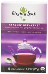 Mighty Leaf front packaging showing 45-count and bold breakfast tea benefit