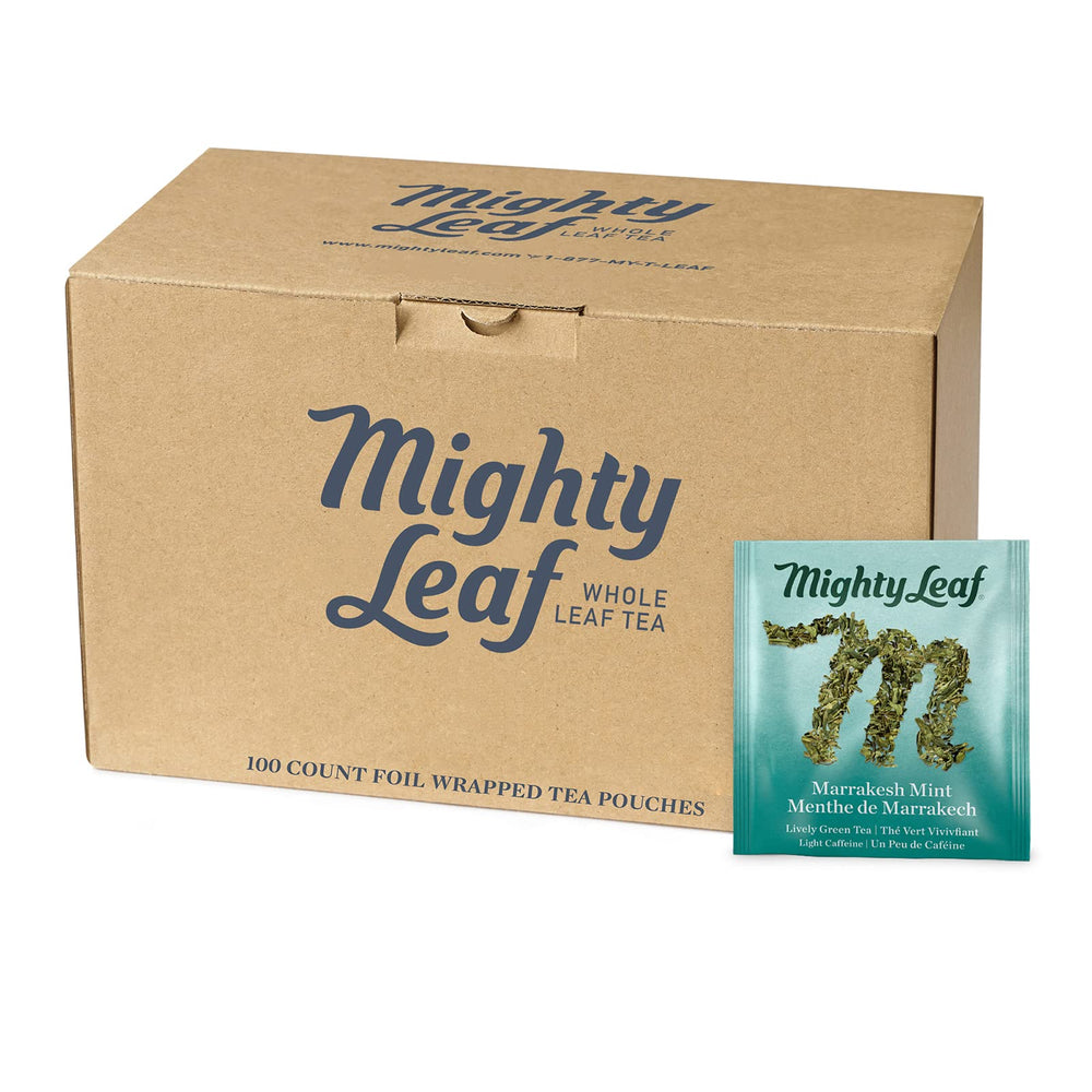 Mighty Leaf front packaging showing 100 pouches and product name for easy identification