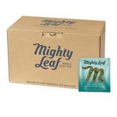 Mighty Leaf front packaging showing 100 pouches and product name for easy identification