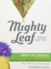 Mighty Leaf front packaging showing tropical green tea box and benefit easy artisan flavor
