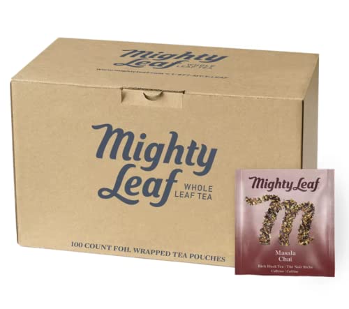 Mighty Leaf front packaging showing 100 pouches and spiced chai benefit