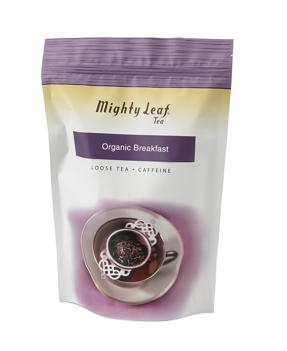 Mighty Leaf front pouch showing 1 lb bulk packaging and clear label representing freshness