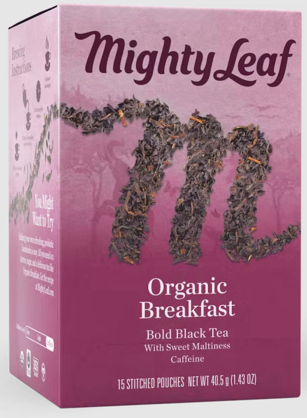 Mighty Leaf front packaging showing 15 teas with bold morning flavor