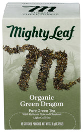 Mighty Leaf front packaging showing organic Green Dragon, clear product identification and quality
