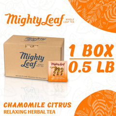 Mighty Leaf pyramid pouch close-up revealing whole chamomile and citrus for fuller infusion