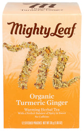 Mighty Leaf front box showing organic turmeric ginger and certifications