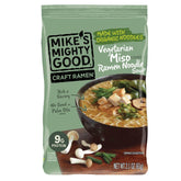 Mike's Mighty Good front package showing seven vegan miso ramen packs, quick pantry staple