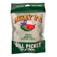 Mikey V's Dill Pickle bag close-up showing tangy seasoning detail and bright flavor benefit