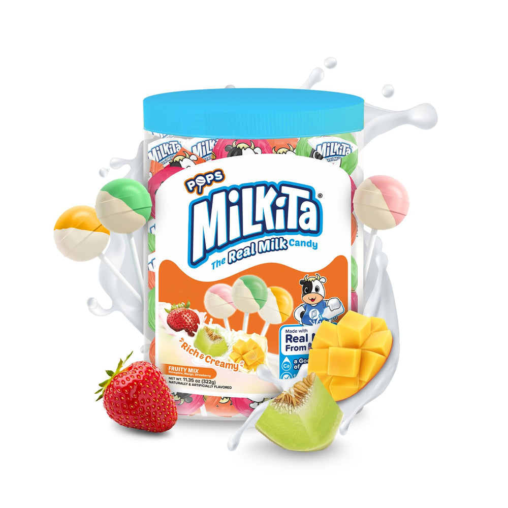 Milkita jar front view showing resealable container and colorful pops benefit convenience