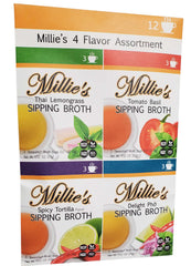 Millie's Sipping Broth front packaging showing four-flavor assortment for convenient sipping