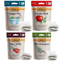 Millie's Sipping Broth loose dried vegetables and seasonings spread showing natural ingredients