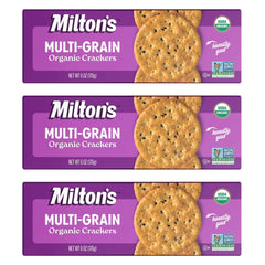 Milton's front packaging showing organic multi-grain crackers and brand benefit